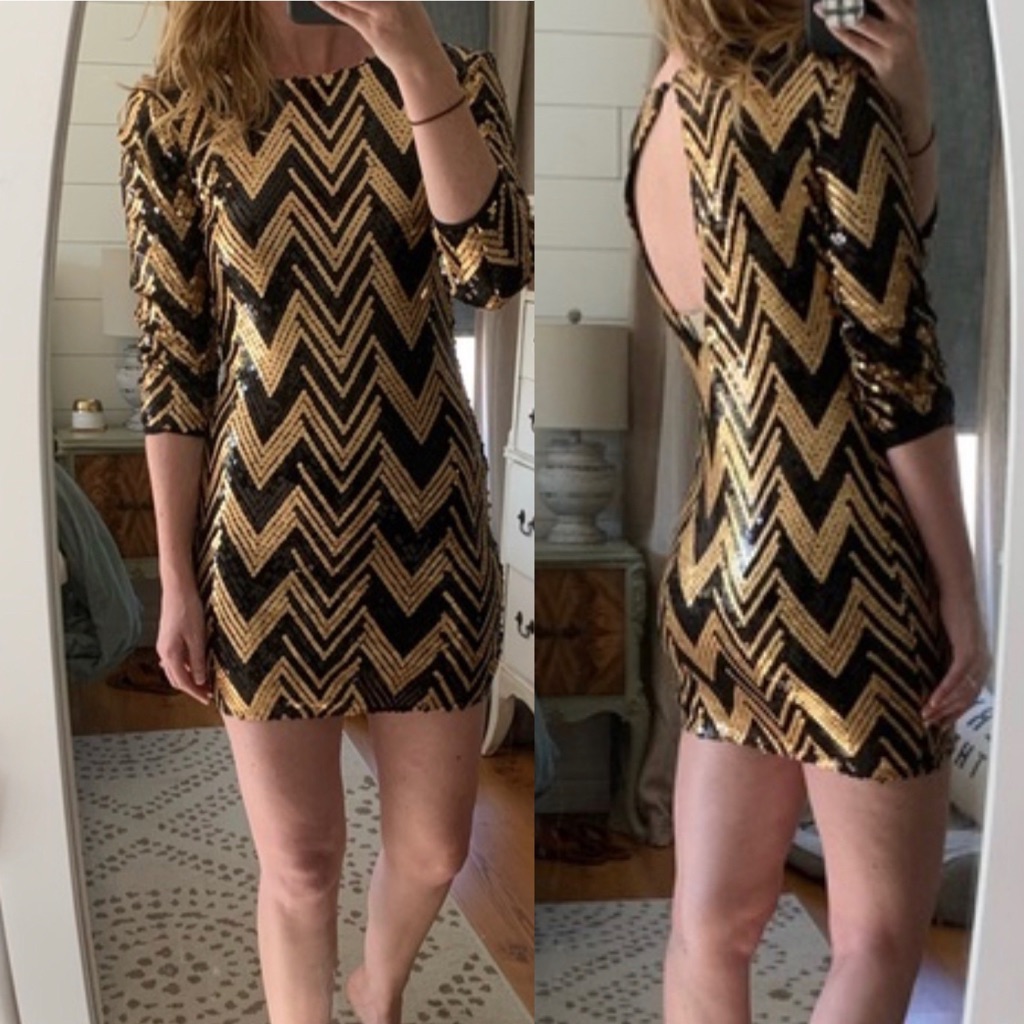 Nwt Ark & Co Gold Black Sequin Chevron Long Sleeve Mini Dress Size M